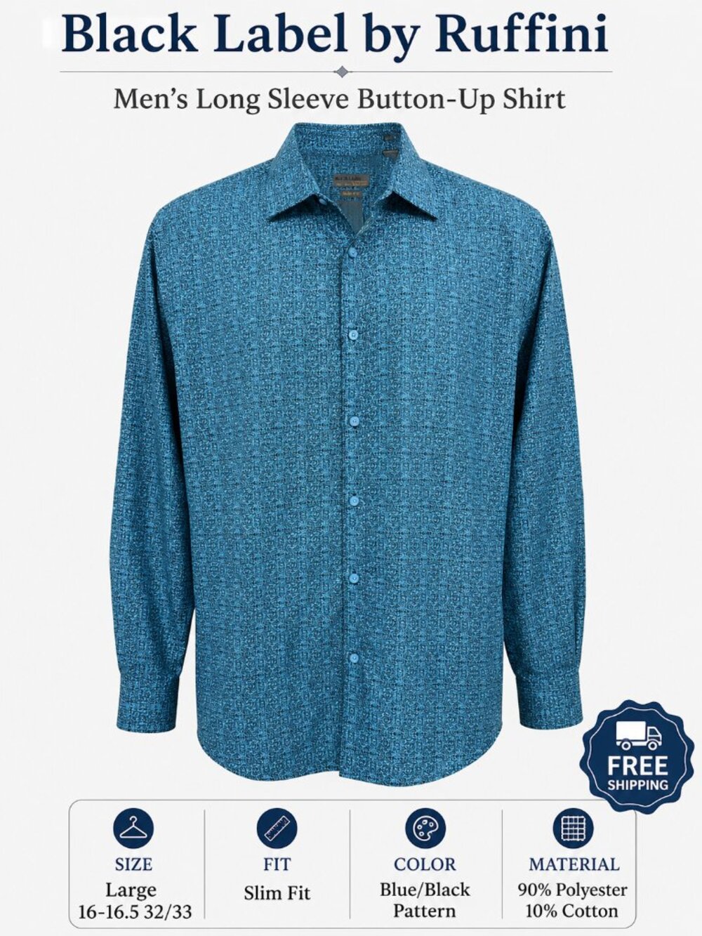Black Label by Ruffini Men's Slim Fit Button Up Shirt L Blue Black 16-16.5 32/33